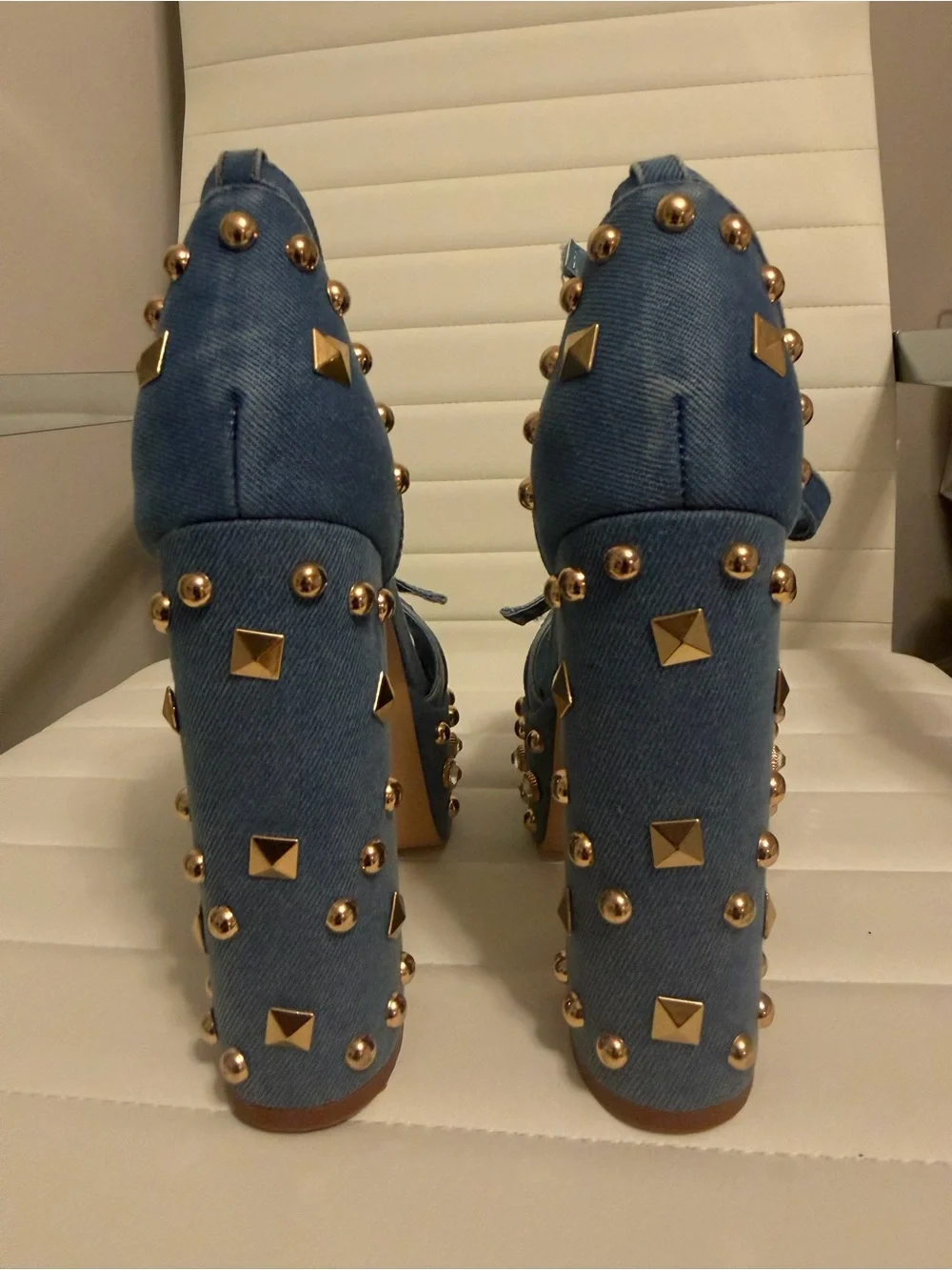 Denim Platform Stud Heels with Gold Accents - Blue